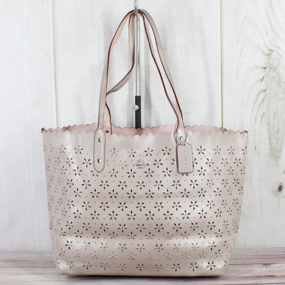 Coach Handbags - COACH Purple Floral Cutout Leather Tote Handbag